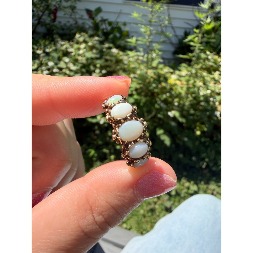 Yellow Gold 3 Stone White Opal Ring Vintage Estate Ring